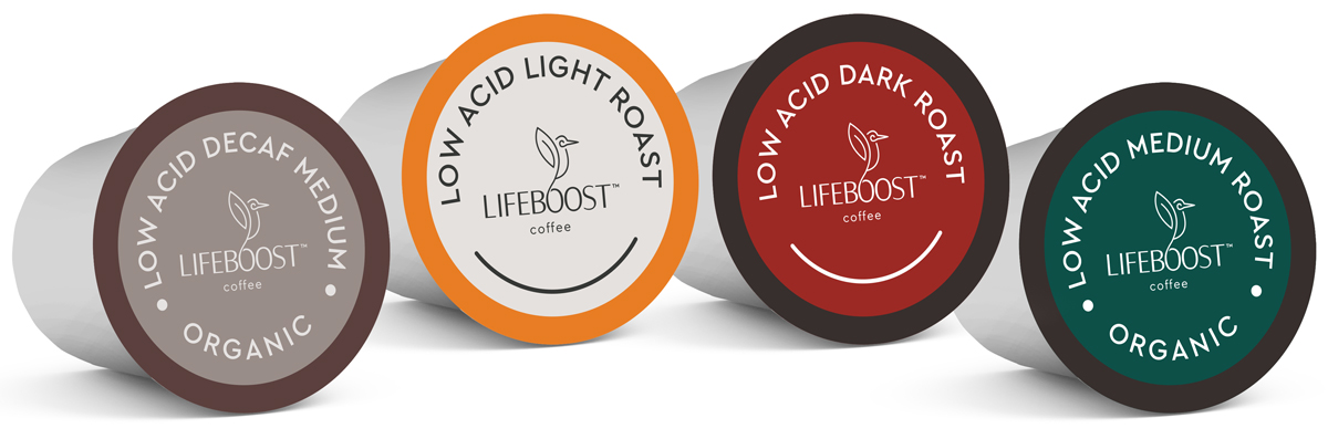 Lifeboost organic low-acid coffee pods: Decaf Medium, Light Roast, Dark Roast and Medium Roast