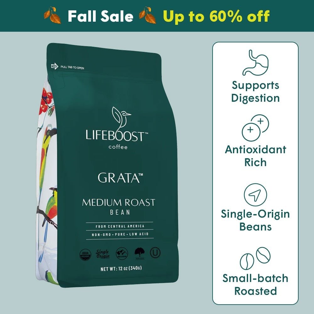 Fall Sale, up to 60% off Grata Medium Roast: supports digestion, antioxidant rich, single-origin beans, small-batch roasted
