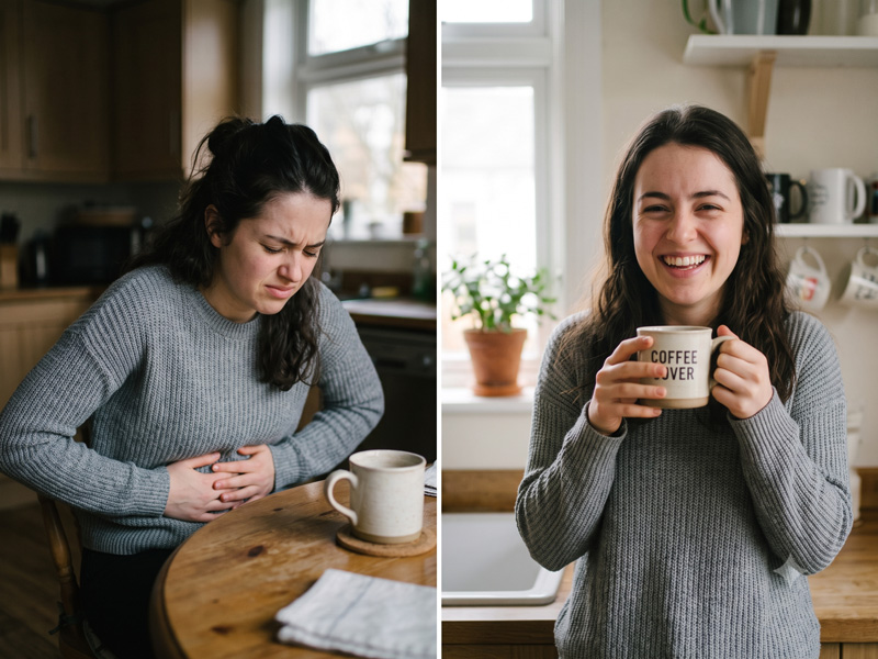 Before and after: stomach discomfort from regular coffee, then comfortably enjoying Lifeboost