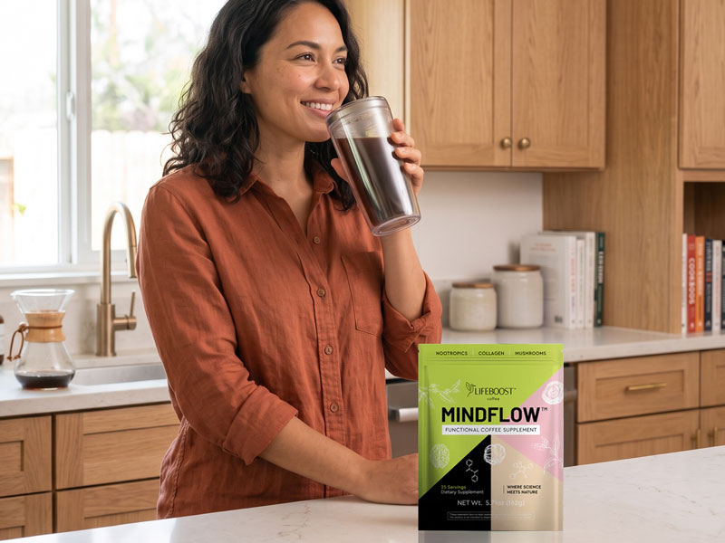 Woman enjoying a smooth cup of Mindflow in her kitchen
