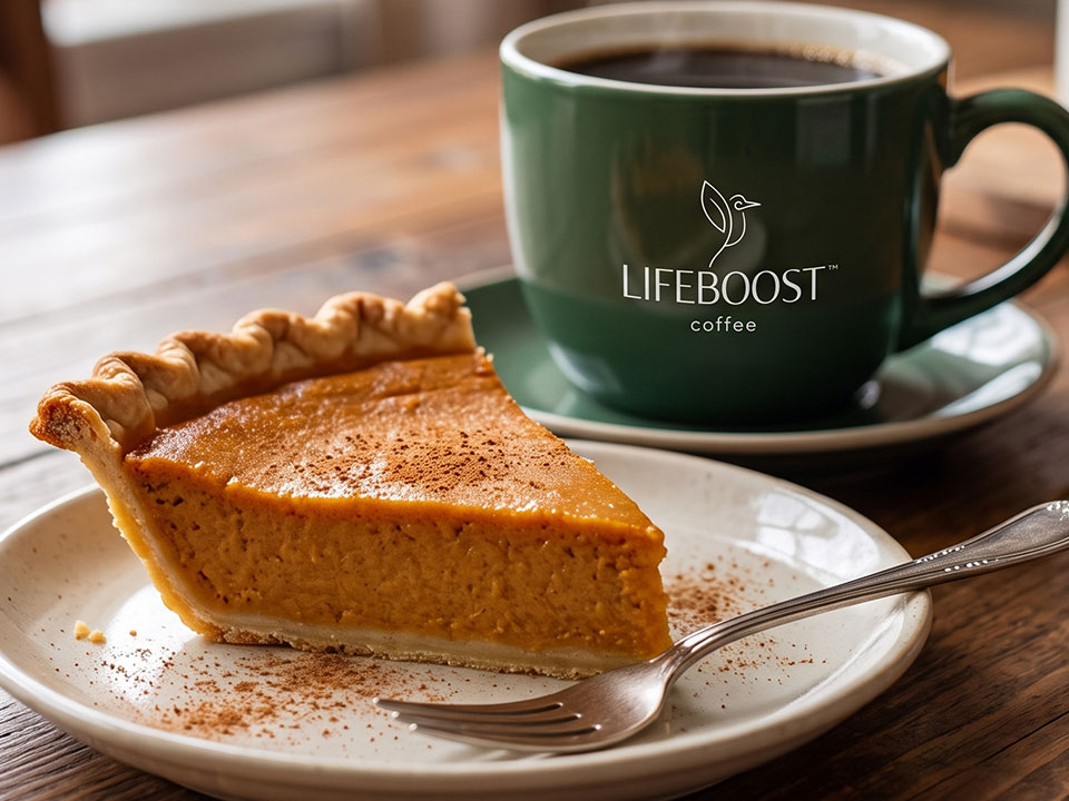 A slice of pumpkin pie next to a green Lifeboost mug of black coffee