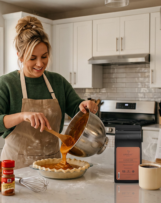A woman in an apron pouring pumpkin pie filling into a crust in a bright kitchen, with a bag of Lifeboost coffee and a mug on the counter