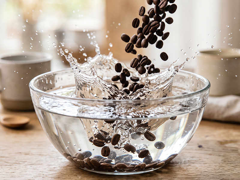 Clean roasted coffee beans falling into a bowl of pure water